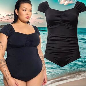 Torrid Black Wireless Ruched Cap Sleeve One Piece Swimsuit Size: 3 3XL